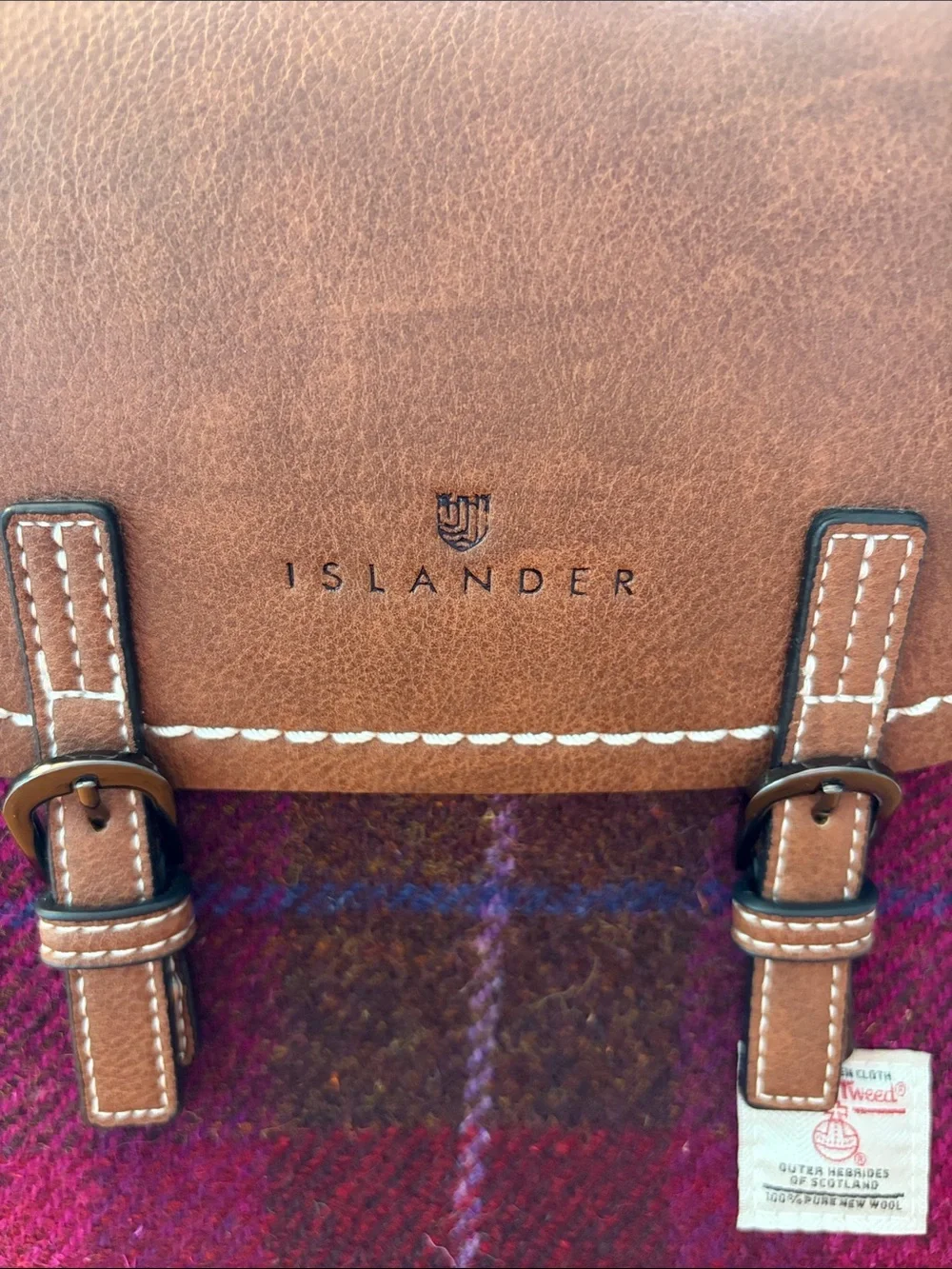 Islander Harrison Tweed Mini Jura Backpack. Brown Leather and Magenta Plaid.